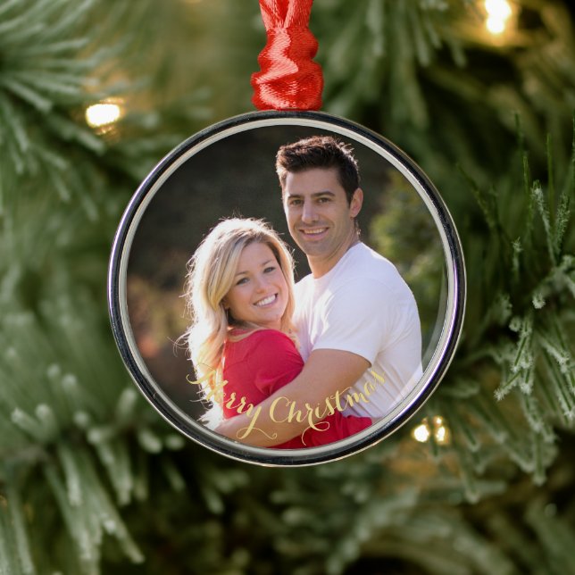 Create Custom Personalised Photo Elegant Gold Text Metal Ornament (Tree)