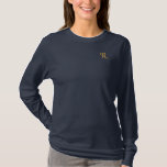 Create Custom Womens Gold Monogram Navy Blue Embroidered Long Sleeve T-Shirt<br><div class="desc">Create your own custom, personalised, comfortable, casual, loose fitting, pre-shrunk 100% cotton, tagless, womens embroidered monogram / initials long-sleeve navy blue heavyweight t-shirt. Simply type in your initial / monogram, to customise. Makes a great custom gift, for sister, daughter, mother, wife, girlfriend, grandma, godmother, goddaughter, grandmother, granddaughter, bride, bridesmaid, niece,...</div>