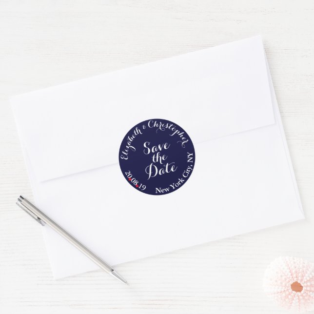 Create Elegant Blue White Wedding Save the Date Classic Round Sticker (Envelope)