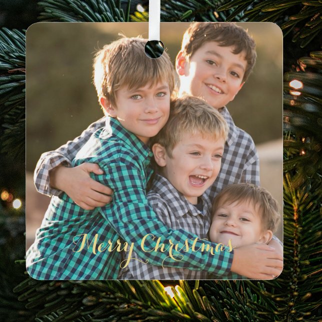 Create Family Photo Elegant Gold Script Christmas Metal Tree Decoration (Create Family Photo Elegant Gold Script Christmas Metal Ornament)