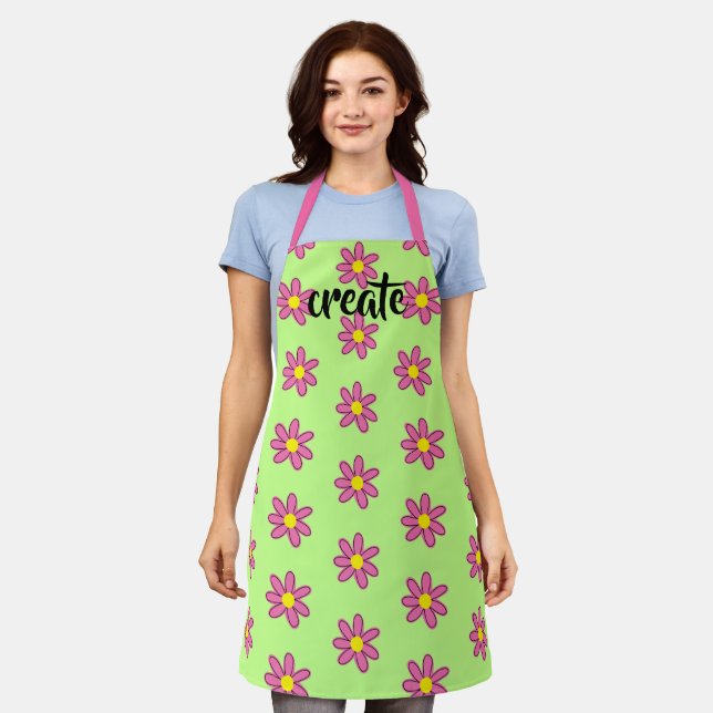 Create Fun Floral Green and Pink Apron (Worn)