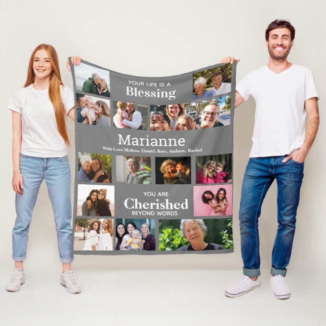 Create Grandma 16 Photo Collage Elegant Keepsake Fleece Blanket (In Situ)