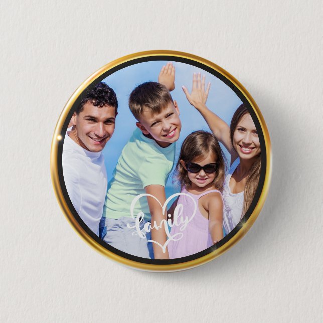 Create it yourself family script Gold Frame Photo 6 Cm Round Badge (Front)
