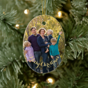 Create Personalised Photo Gold Text Oval Christmas Ceramic Ornament