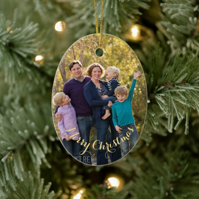Create Personalised Photo Gold Text Oval Christmas Ceramic Ornament (Tree)