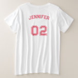 Create Pink Player Name Jersey Number Womens Soft Plus Size T-Shirt<br><div class="desc">Create your own custom, personalised, cool stylish girly pink typography / font / script, monogrammed player name jersey number white, soft, smooth, longer length, 100% combed ringspun cotton premium jersey, womens plus size basic t-shirt shirt. Simply type in your name / player name and player jersey number, to customise. Makes...</div>