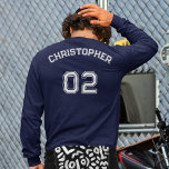 Create Player Name Jersey Number Mens Long Sleeve T-Shirt<br><div class="desc">Create your own custom, personalised, cool stylish white typography / font / script, monogrammed player name jersey number dark blue, comfortable, casual, durable, loose fitting, preshrunk 100% cotton, mens basic crewneck heavyweight long-sleeve t-shirt. Simply type in your name / player name and player jersey number, to customise. Makes a great...</div>