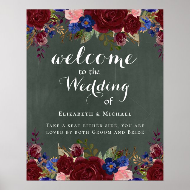 Create Wedding Welcome Sign Burgundy Blue Floral (Front)