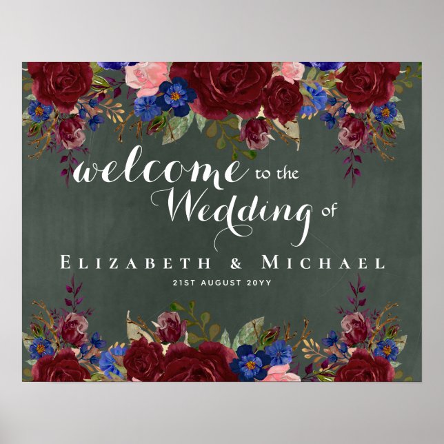 Create Wedding Welcome Sign Burgundy Blue Floral (Front)