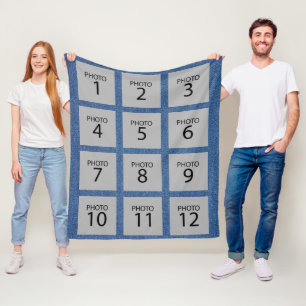 Create you 12 Photo Collage on denim textile Fleece Blanket