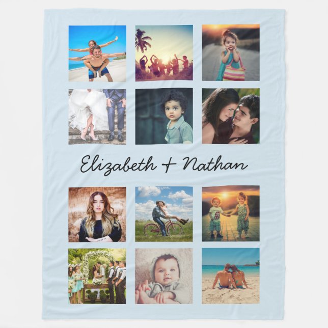 Create Your Custom 12 Family Photo Collage Blue Fleece Blanket (Front)