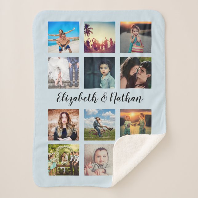 Create Your Custom 12 Family Photo Collage Blue Sherpa Blanket (Front)