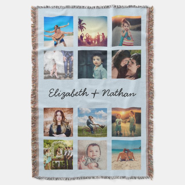 Create Your Custom 12 Family Photo Collage Blue Throw Blanket (Front Vertical)