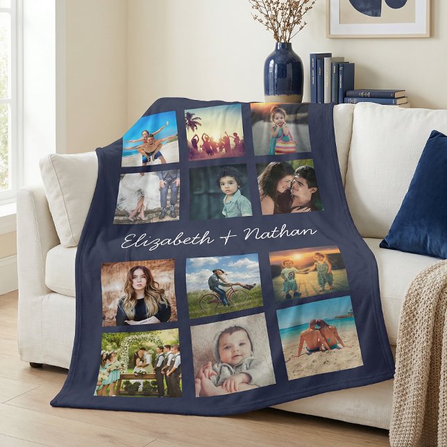 Create Your Custom 12 Photo Collage Family Navy Fleece Blanket (Creator Uploaded)