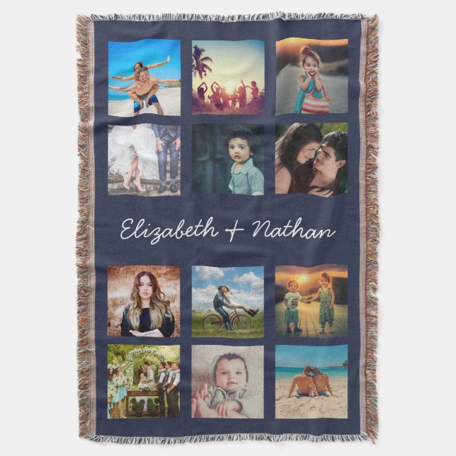 Create Your Custom 12 Photo Collage Family Navy Throw Blanket (Front Vertical)