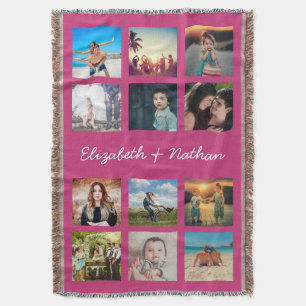 Create Your Custom 12 Photo Collage Family Pink Throw Blanket