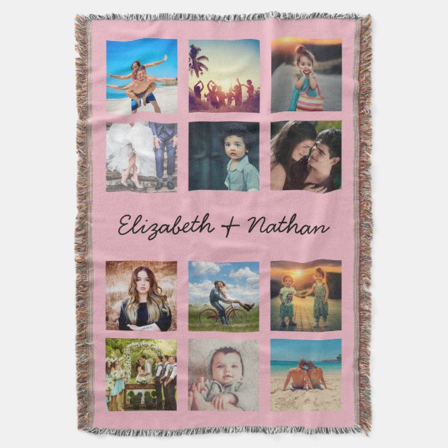 Create Your Custom 12 Photo Collage Memories Pink Throw Blanket (Front Vertical)