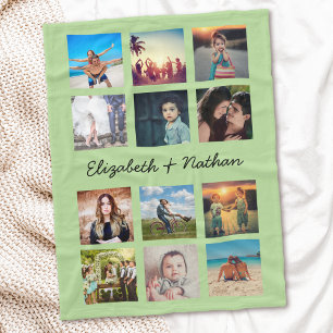 Create Your Custom 12 Photo Collage Trendy Green Fleece Blanket