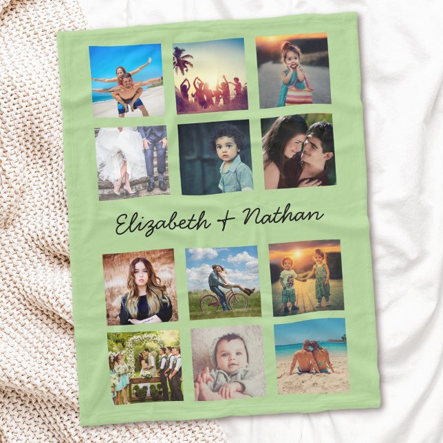 Create Your Custom 12 Photo Collage Trendy Green Fleece Blanket (Creator Uploaded)