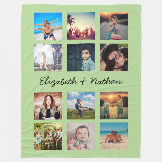 Create Your Custom 12 Photo Collage Trendy Green Fleece Blanket (Front)