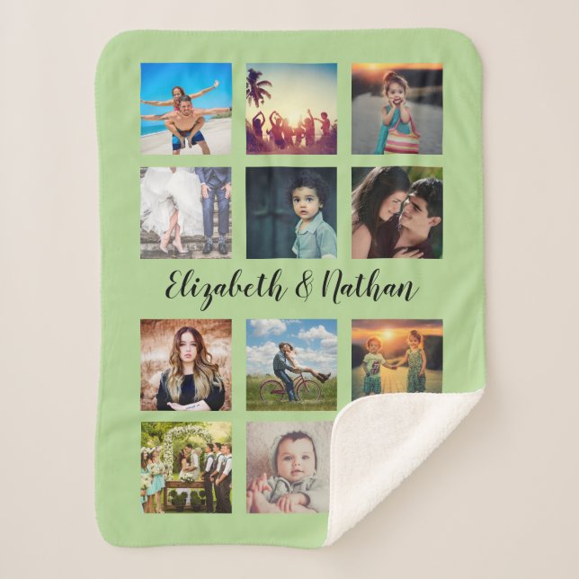 Create Your Custom 12 Photo Collage Trendy Green Sherpa Blanket (Front)