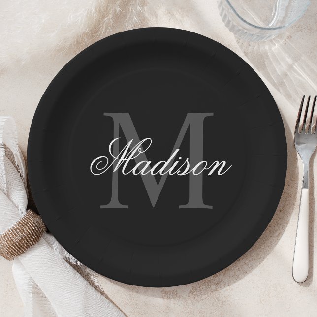 Create Your Custom Name Monogram Calligraphy Black Paper Plate (Creator Uploaded)