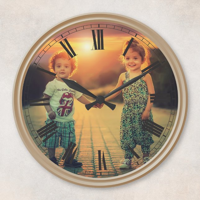 Create Your Custom Photo Brown Classy Elegant Round Clock (Creator Uploaded)