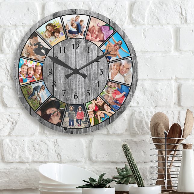 Create Your Custom Photo Collage Rustic Farmhouse Large Clock (Creator Uploaded)
