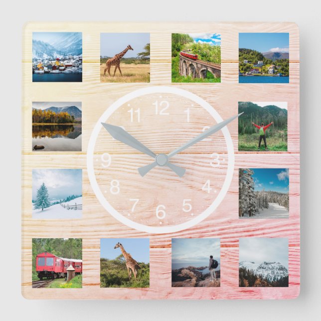 Create Your Custom Photo Collage Rustic Nature Squ Square Wall Clock (Front)