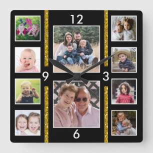 Create Your Own 10 Family Photo Collage Black Square Wall Clock