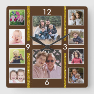Create Your Own 10 Family Photo Collage Brown Square Wall Clock