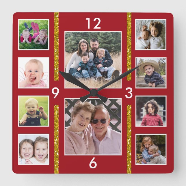 Create Your Own 10 Family Photo Collage Red Square Wall Clock (Front)