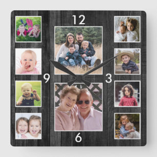 Create Your Own 10 Photo Collage Black Wood Square Wall Clock