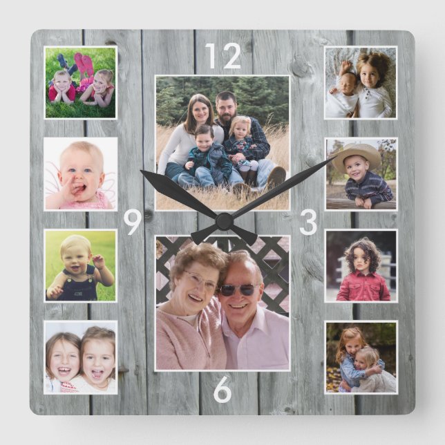 Create Your Own 10 Photo Collage Gray Wood Square Wall Clock (Front)