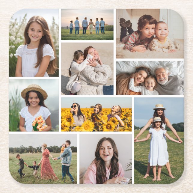 Create Your Own 10 Photo Collage Square Paper Coaster (Front)