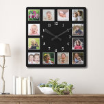Create Your Own 12 Family Kids Photo Collage Black Square Wall Clock<br><div class="desc">Create your own photo collage wall clock with 12 of your favourite pictures. The photo frame clock helps you treasure your special moments and also makes a thoughtful gift for parents, grandparents and friends. The personalised family clock makes it a perfect keepsake gift for all occasions.</div>