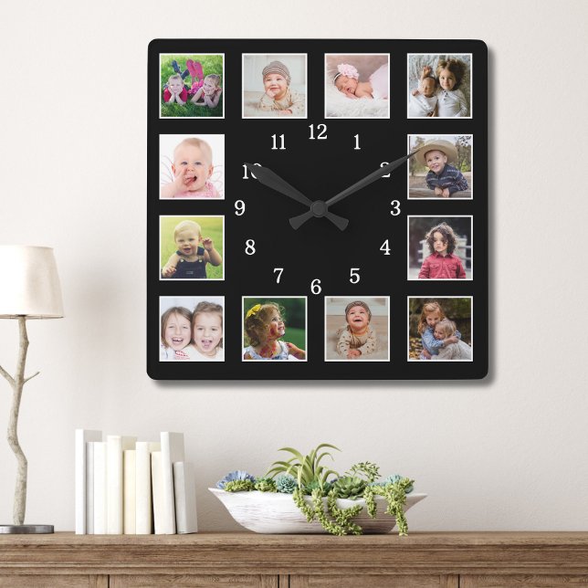 Create Your Own 12 Family Kids Photo Collage Black Square Wall Clock (Creator Uploaded)