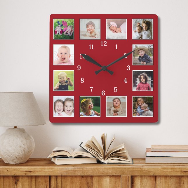 Create Your Own 12 Family Kids Photo Collage Red Square Wall Clock (Creator Uploaded)