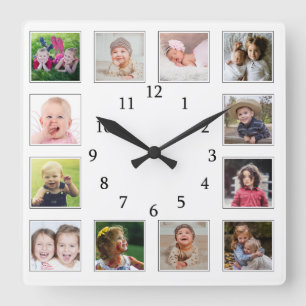 Create Your Own 12 Family Kids Photo Collage White Square Wall Clock