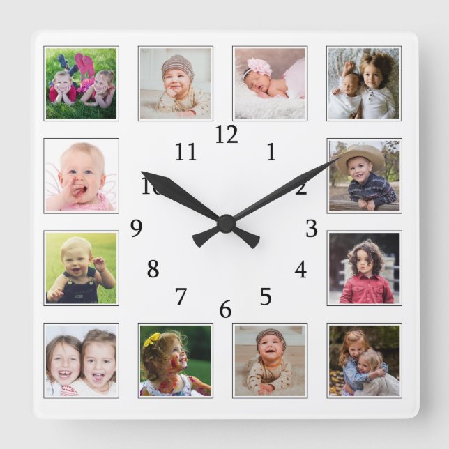 Create Your Own 12 Family Kids Photo Collage White Square Wall Clock (Front)