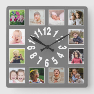 Create Your Own 12 Family Photo Collage Gray Square Wall Clock