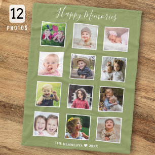 Create Your Own 12 Family Photo Collage Green Fleece Blanket