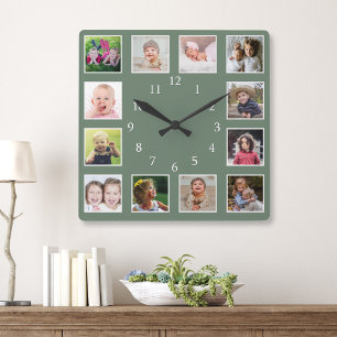 Create Your Own 12 Family Photo Collage  Green  Square Wall Clock