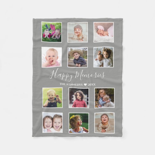 Create Your Own 12 Family Photo Collage Grey Fleece Blanket (Front)