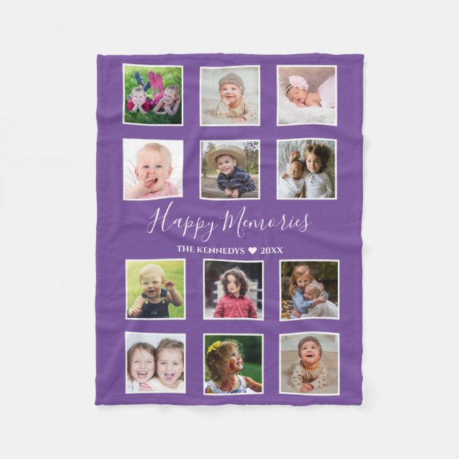 Create Your Own 12 Family Photo Collage Purple Fleece Blanket (Front)