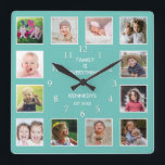 Create Your Own 12 Family Photo Collage Teal Square Wall Clock<br><div class="desc">Create your own photo collage wall clock with 12 of your favourite pictures. The photo frame clock helps you treasure your special moments and also makes a thoughtful gift for parents, grandparents and friends. The personalised family clock makes it a perfect gift for all occasions. Personalise with family name and...</div>