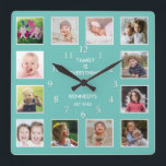 Create Your Own 12 Family Photo Collage Teal Square Wall Clock<br><div class="desc">Create your own photo collage wall clock with 12 of your favourite pictures. The photo frame clock helps you treasure your special moments and also makes a thoughtful gift for parents, grandparents and friends. The personalised family clock makes it a perfect gift for all occasions. Personalise with family name and...</div>