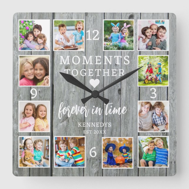 Create Your Own 12 Photo Collage Family Quote Wood Square Wall Clock (Front)