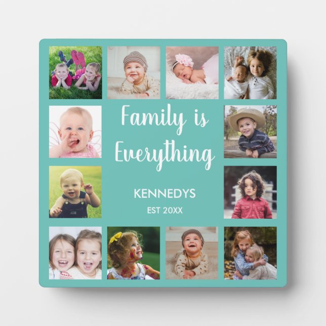 Create Your Own 12 Photo Collage Family Teal Plaque (Front)