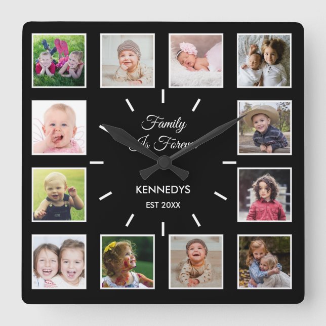 Create Your Own 12 Photo Collage Frame Black Squar Square Wall Clock (Front)